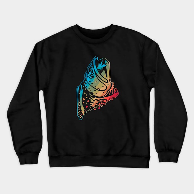 Maine State Map Outline Brook Trout Fishing Fly Fishing Art Crewneck Sweatshirt by TeeCreations